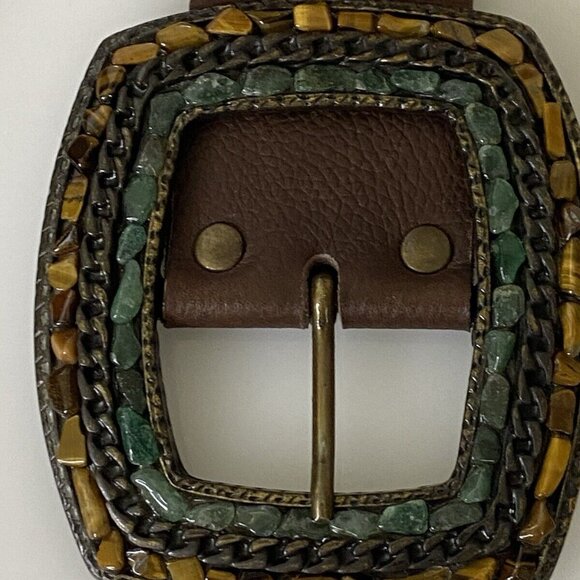 Handmade Brown Leather Statement Belt Semi Precious Stones Studs Up To Size 36 - Picture 7 of 16